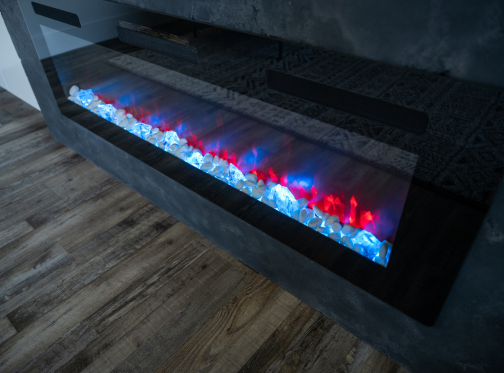 inear electric fireplace upclose with clean glass front and crystal glass media bed.