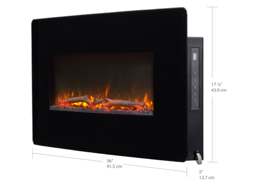 Wall mount Dimplex electric fireplace with dimension highlighting only 6 inches deep.