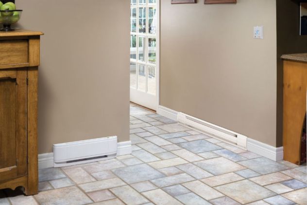 Hallway with baseboard heaters.