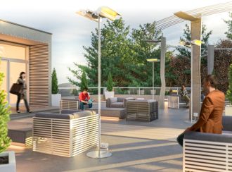 Dimplex Indoor/Outdoor Electric Infrared Heaters on stands in an outdoor commercial space