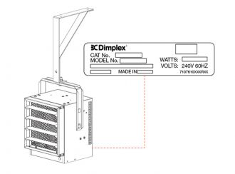 Diagram showing that the Dimplex model and serial number can be found on the back of a heater near the bottom of the unit