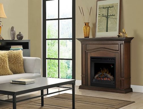 Wood mantel fireplace in a cozy, warm-toned living room