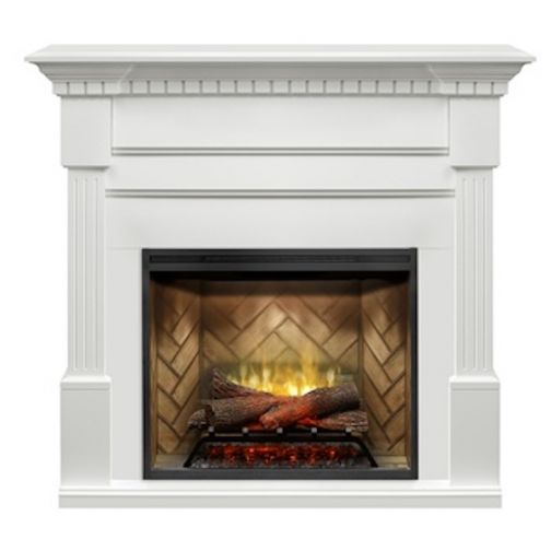 White traditional mantel with electric fireplace.