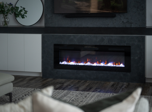 linear electric fireplace with cozy living room