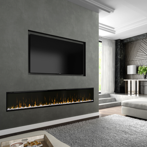 Linear Electric Fireplace in condo living room overlooking the city