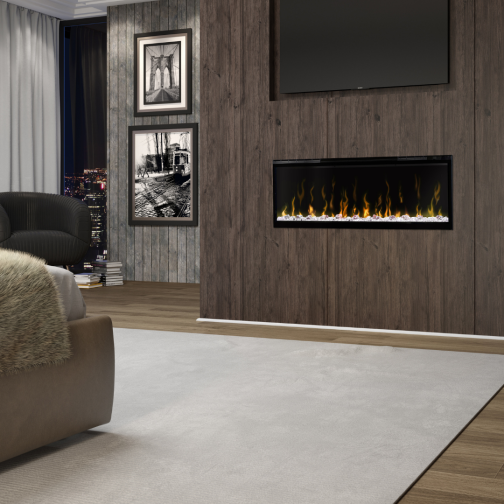 Opti-myst Vapour technology Linear Electric Fireplace in condo living room overlooking the city