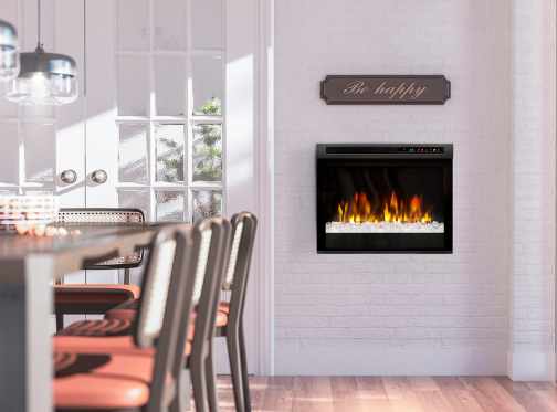 Multi-fire Firebox Electric Fireplace as a feature in a kitchen