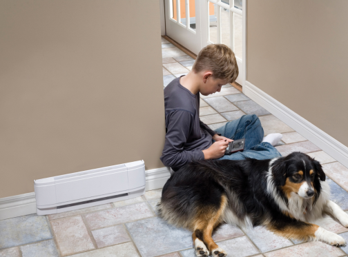 Boy and australian shepherd playing near a white Dimplex linear convection baseboard heater