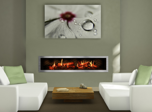 Dimplex linear Built-In Electric Firebox set into a wall at the center of a large family room.