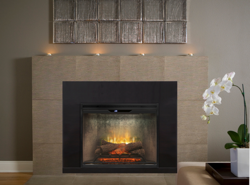 Dimplex Revillusion Built-In Firebox set into a a grey stone mantle.