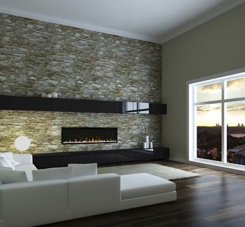Living room with linear fireplace on stone wall and a large window